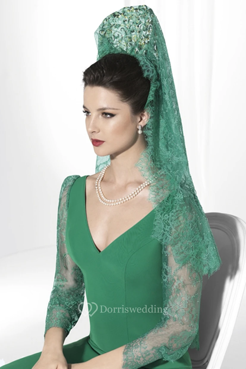 3-4-Sleeve V-Neck Lace Floor-Length Jersey Prom Dress view 2