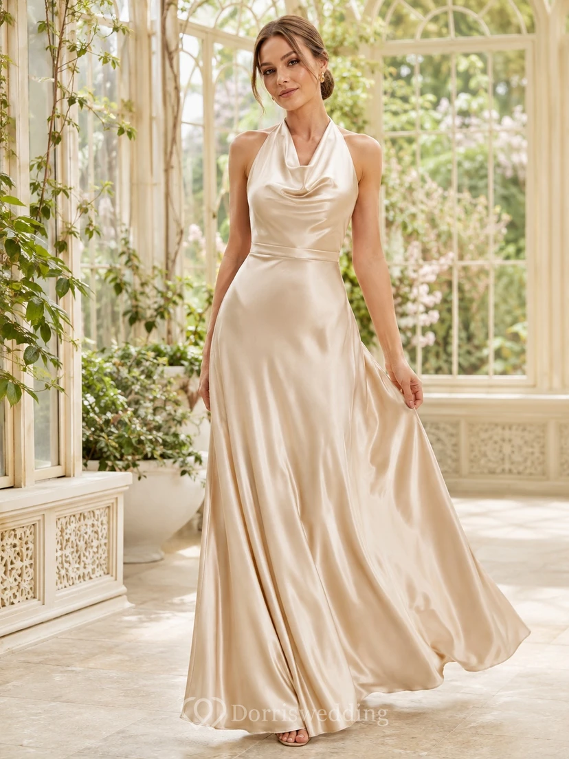Robe de demoiselle d'honneur simple en charmeuse, coupe trapèze, col bénitier, dos nu, couleur champagne