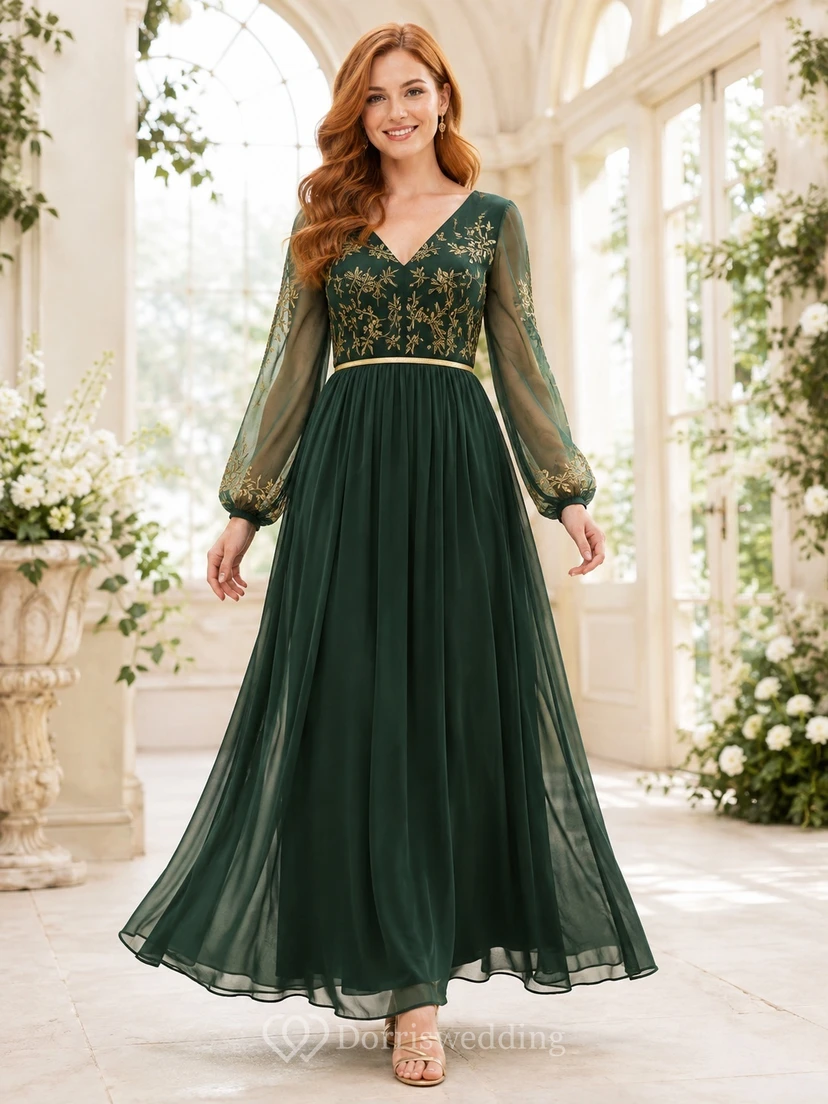 Dark Green Gold Embroidered V-Neck Illusion Long Sleeve Chiffon A-Line Formal Gown