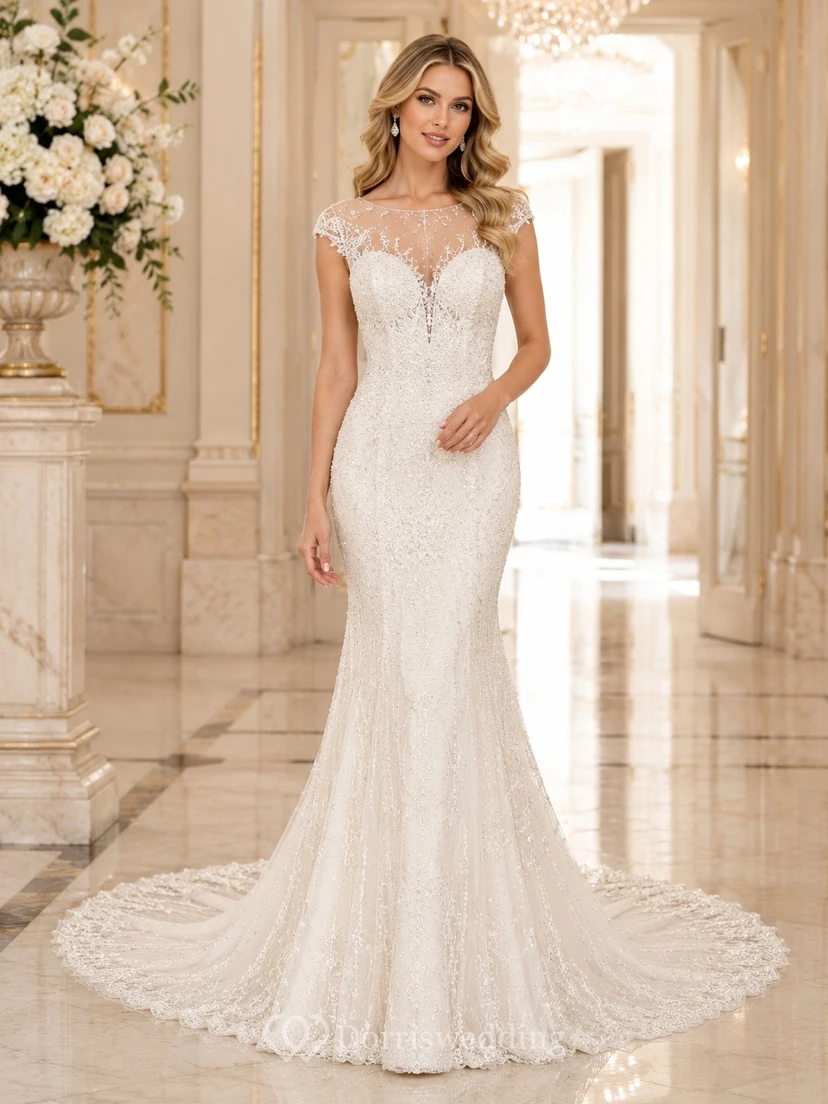 Elegante vestido de novia formal de sirena con escote cuadrado