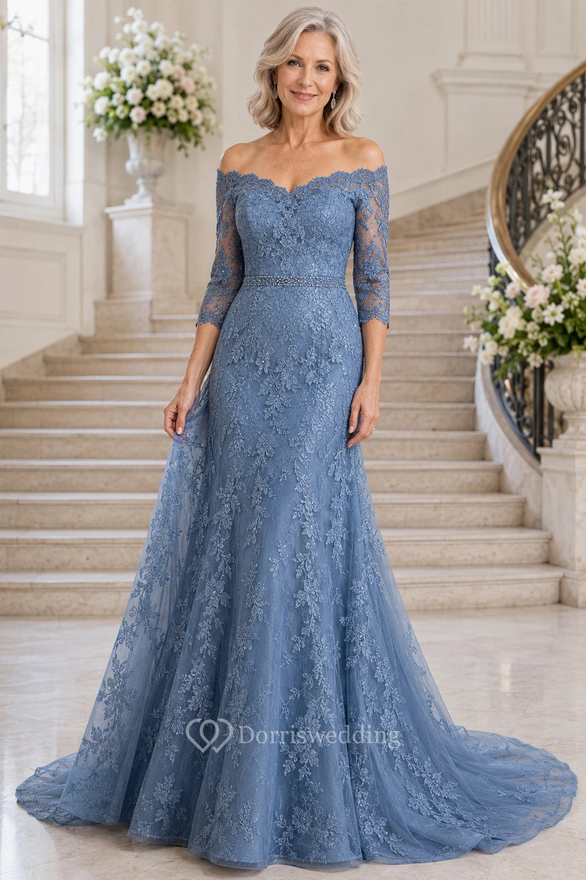 Stahlblaues schulterfreies Meerjungfrauen-Kleid aus Spitze für Mütter