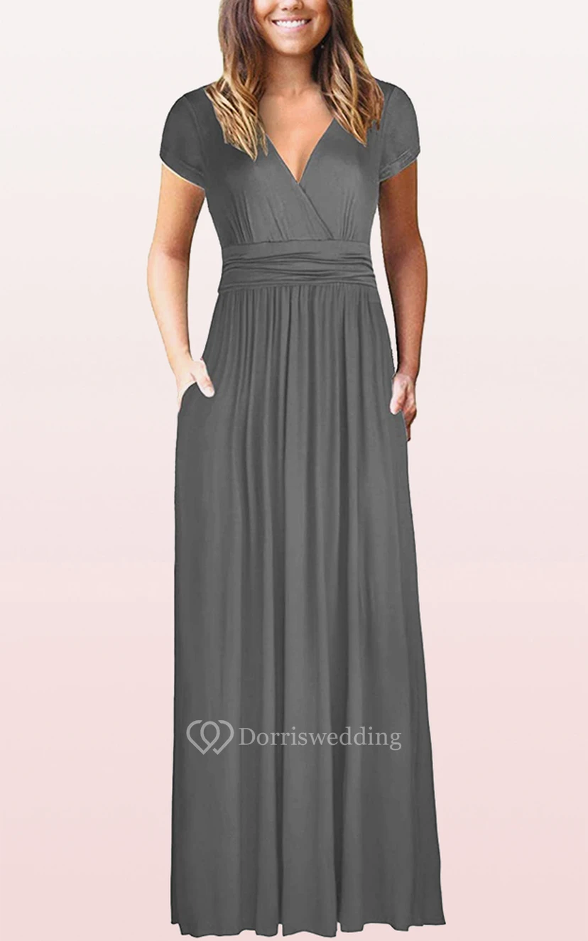 Ethereal Jersey V-neck A Line Guest Formal Dress With Pockets view 7