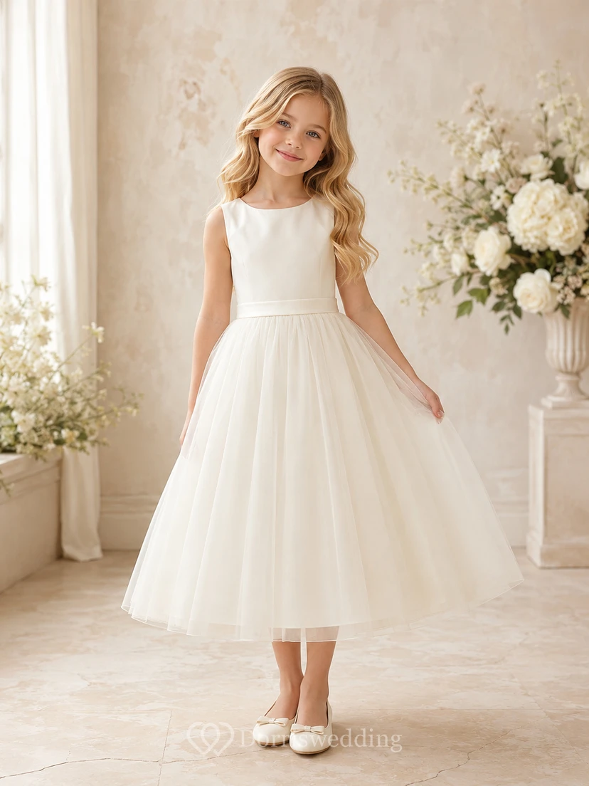 Vestido blanco sencillo de satén con corte en A para niña, sin mangas, escote redondo, largo hasta la rodilla.