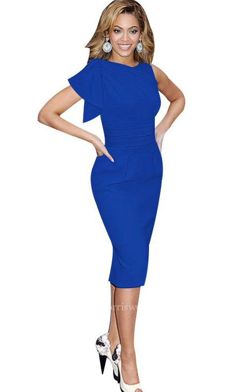 Elegantes, figurbetontes Jerseykleid mit Rüschen, knielang und hochgeschlossen