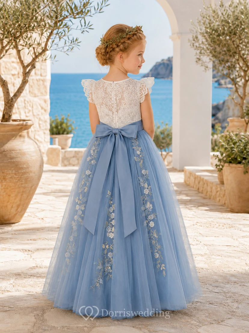 Elegant Romantic Flower Girl Dress Jewel Neck Cap Sleeve Slate Blue Tulle Floor Length Floral Embroidery view 2