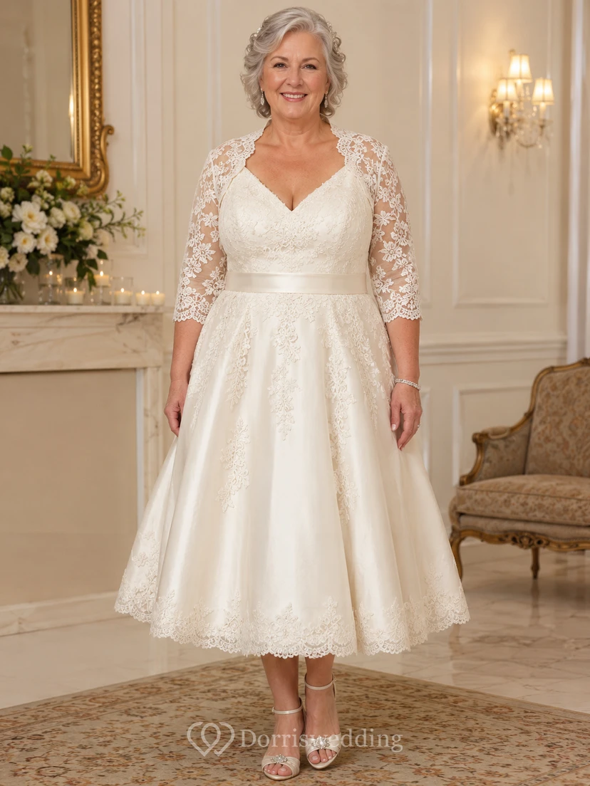 Plus Size Teelanges Satin-Hochzeitskleid für ältere Bräute mit Spitzenjacke