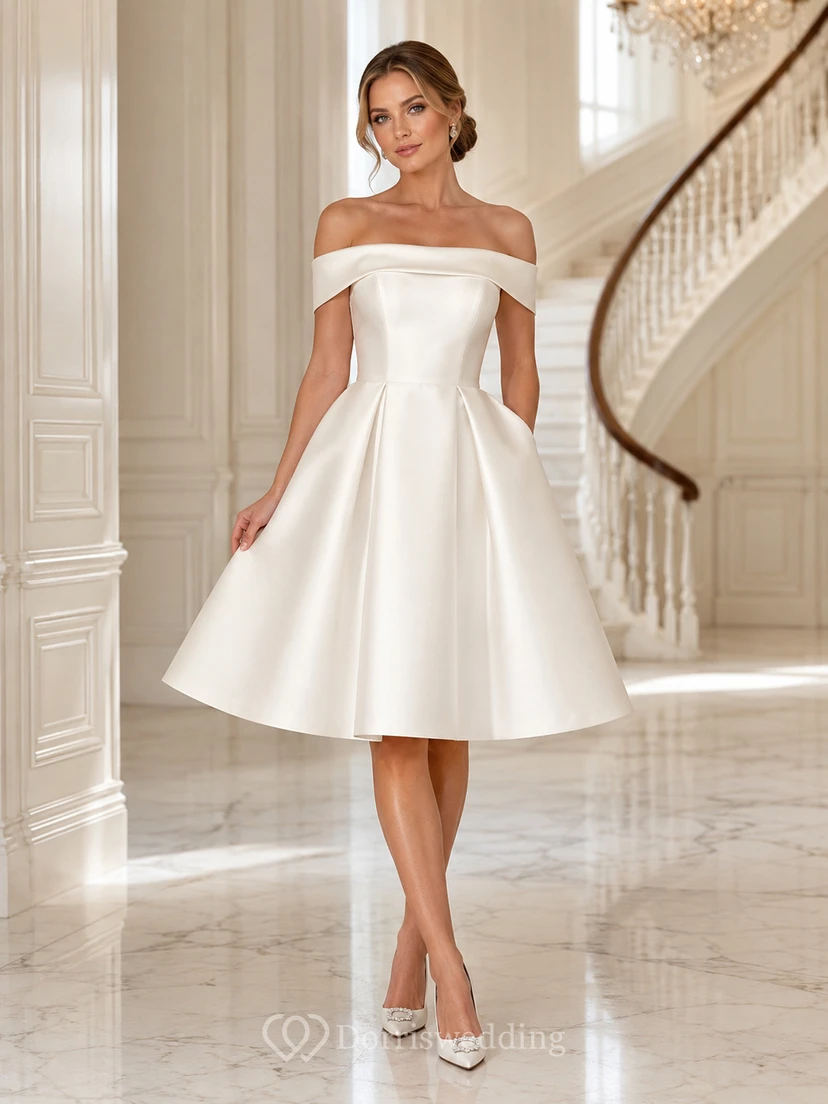 Elegante vestido de recepción nupcial de corte A, largo hasta la rodilla, de satén, con hombros descubiertos.