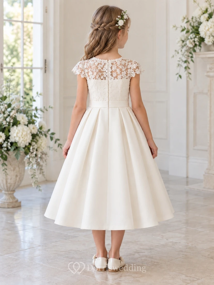 Vestido de niña de flores modesto, de corte A, de satén, con mangas cortas y estampado floral color marfil, hasta la rodilla. view 2