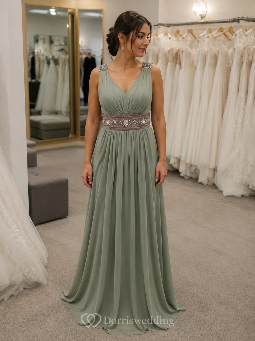 Sleeveless V-neck Long Chiffon Gown With Rhinestone view 8