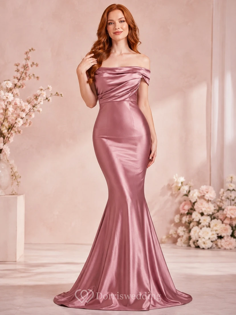 Dusty Rose Off-the-shoulder Short Sleeve Ruched Satin Mermaid Sweep Train Gown