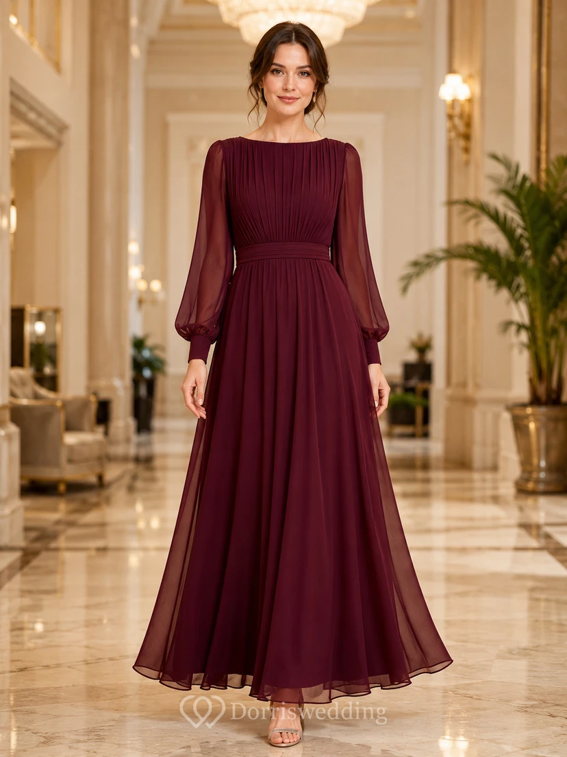 Burgundy Pleated Long Sleeve Modest Chiffon Formal Gown