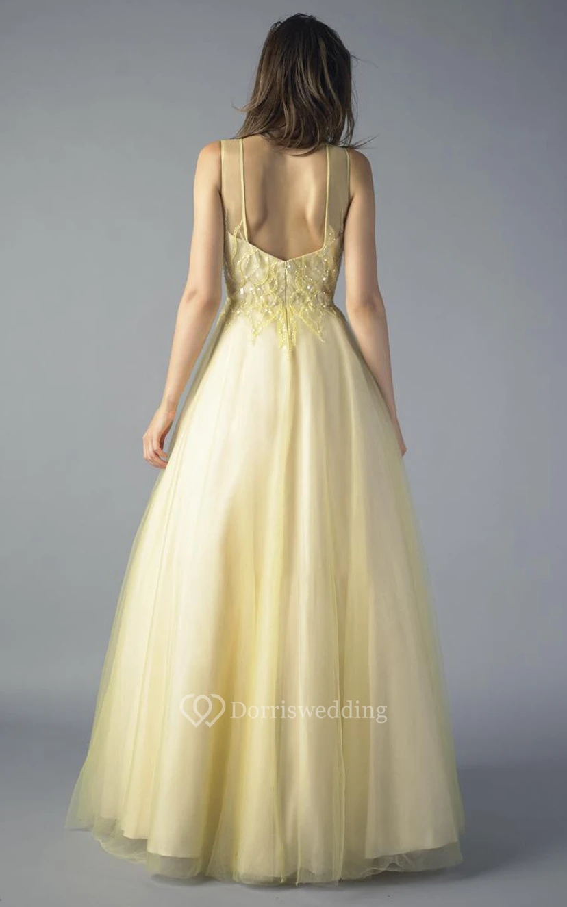 A-line Floor-length Jewel Sleeveless Tulle Zipper Dress view 2