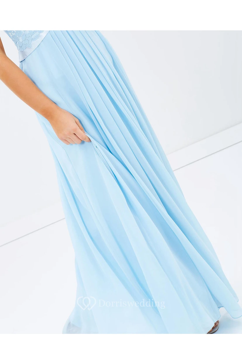 Appliqued Scoop Neck Sleeveless Chiffon Blue Bridesmaid Dress With Ribbon view 4