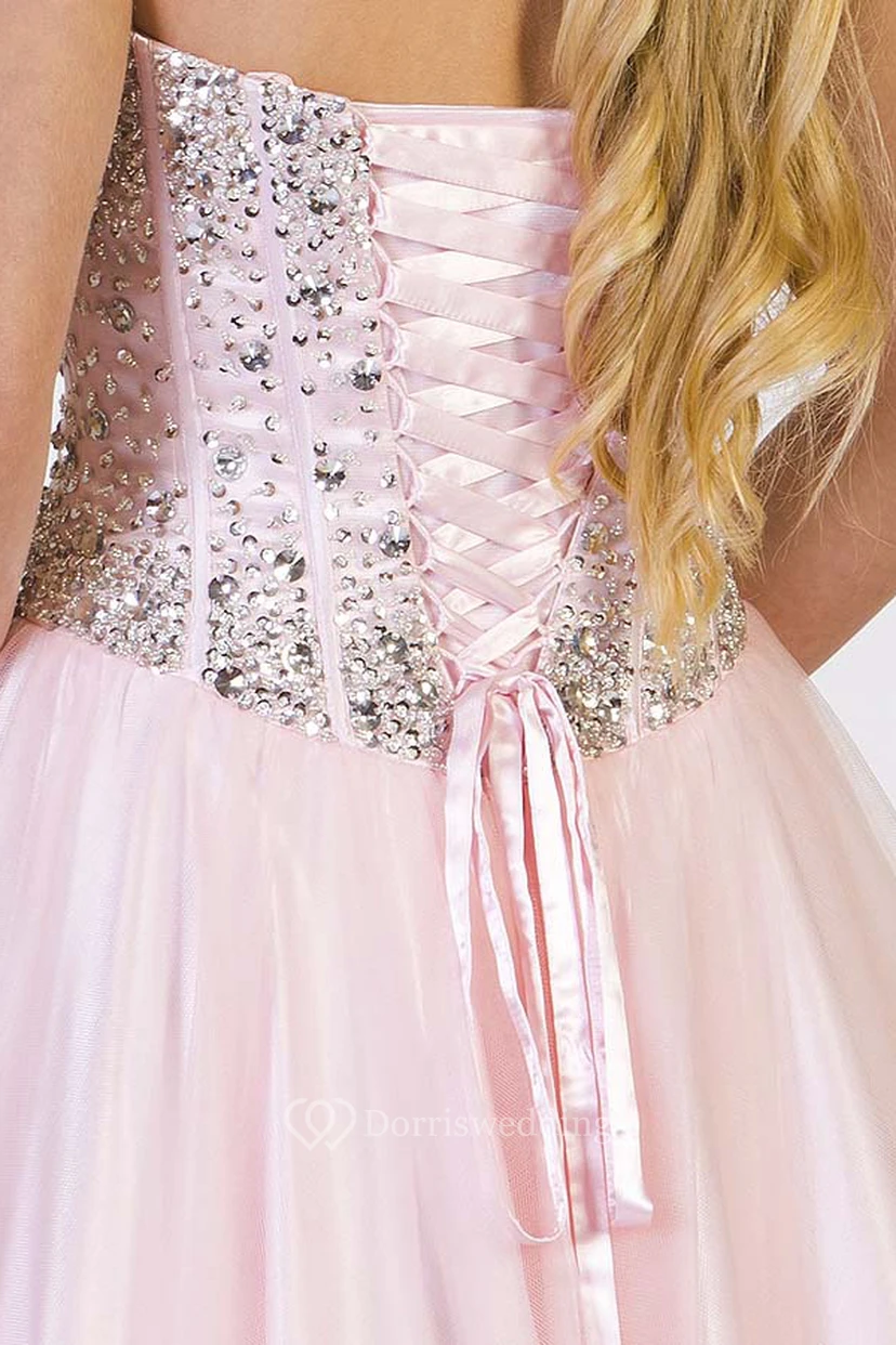 Vestido de fiesta largo de tul sin mangas con escote corazón y abalorios, corte en A view 2