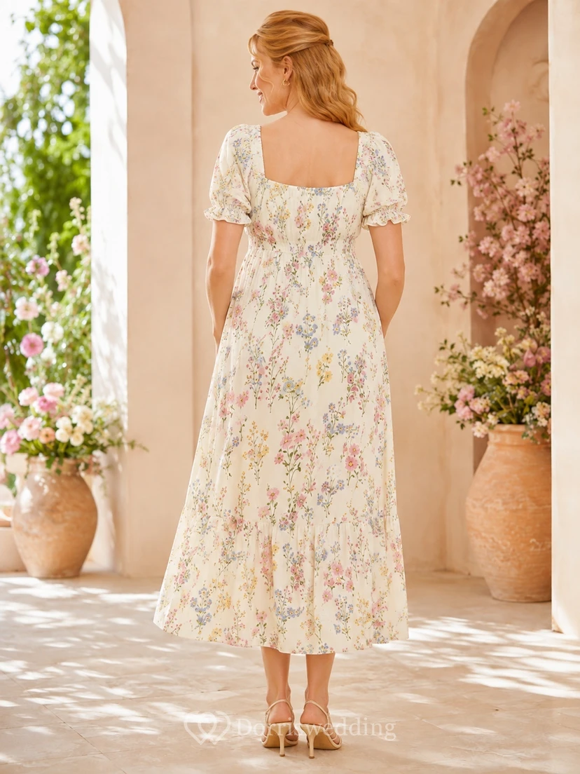 Vestido de verano premamá de corte A, largo hasta los tobillos, con estampado floral color marfil, escote corazón, mangas abullonadas y estampado floral marfil. view 2