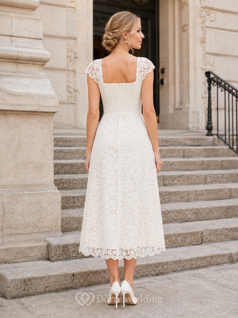 Cap Sleeve Simple Lace Midi Civil Bridal Dress | Dorris Wedding