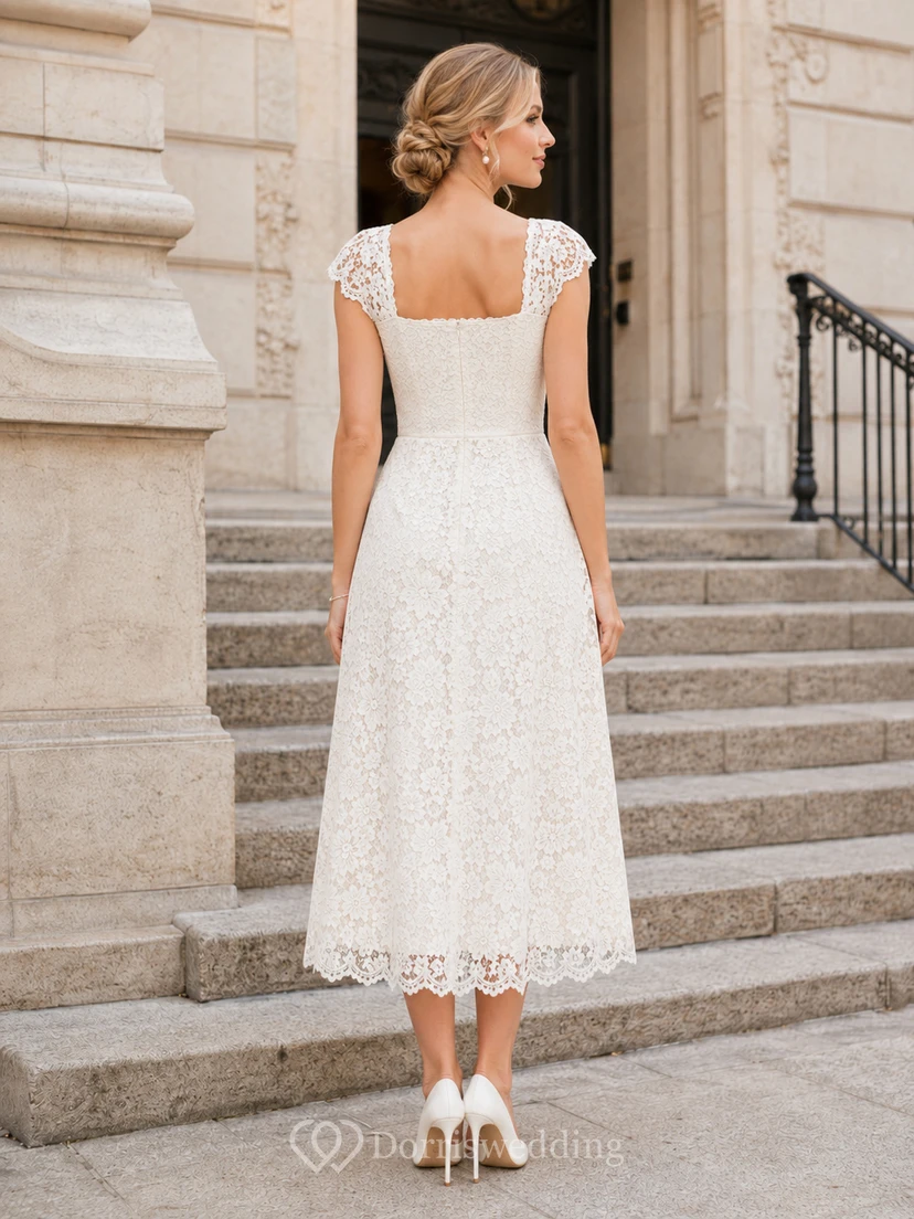 Vestido de novia civil midi sencillo de encaje con mangas cortas view 2