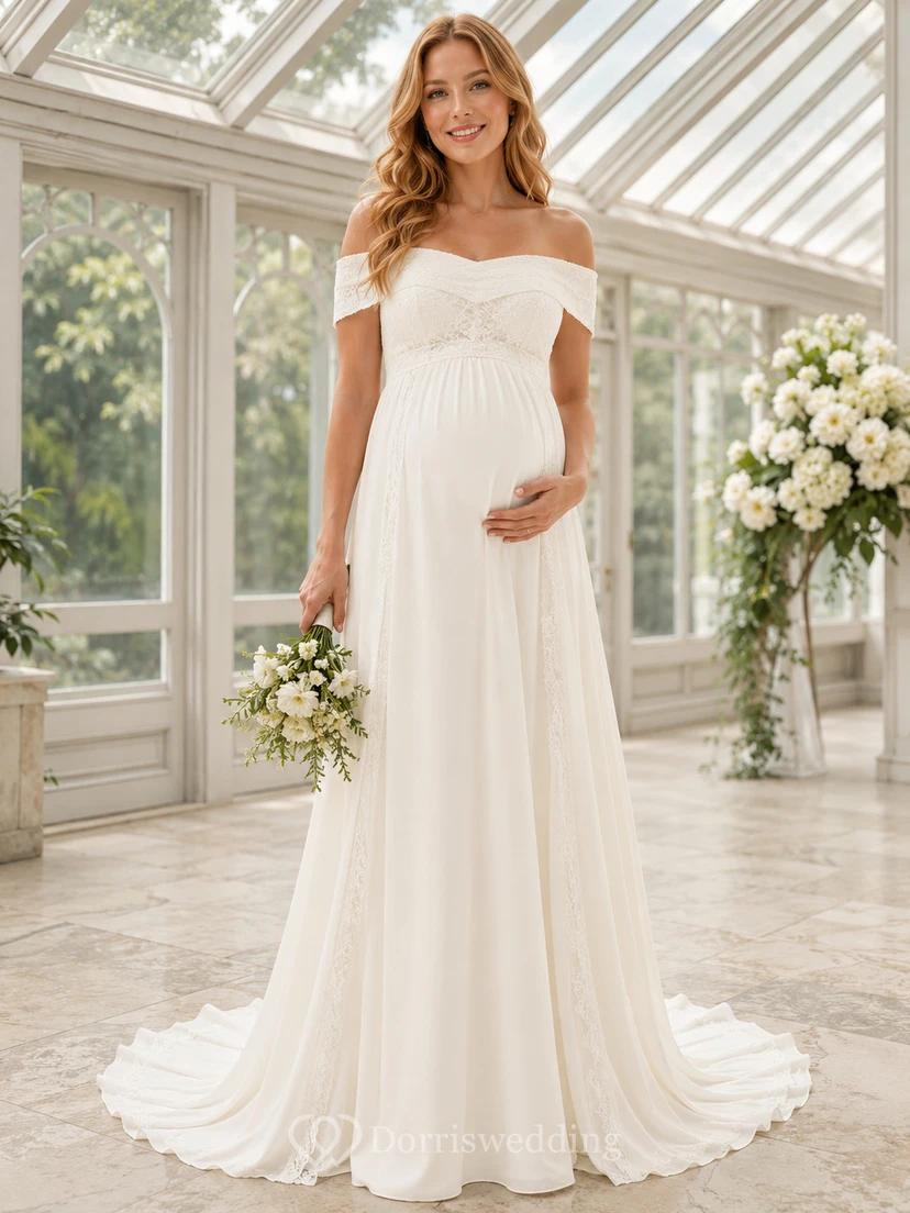 Romantic Maternity Off Shoulder Flutter Chiffon Empire Civil Wedding Gown