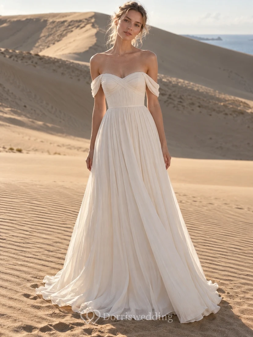 Schlichtes schulterfreies Brautkleid mit herzförmigem Dekolleté und gerafftem Oberteil in A-Linie