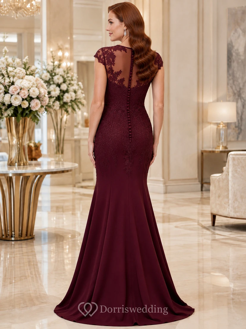 Elegantes burgunderrotes Meerjungfrauenkleid mit V-Ausschnitt, Kappe, Spitze, Illusionsknopfleiste view 2