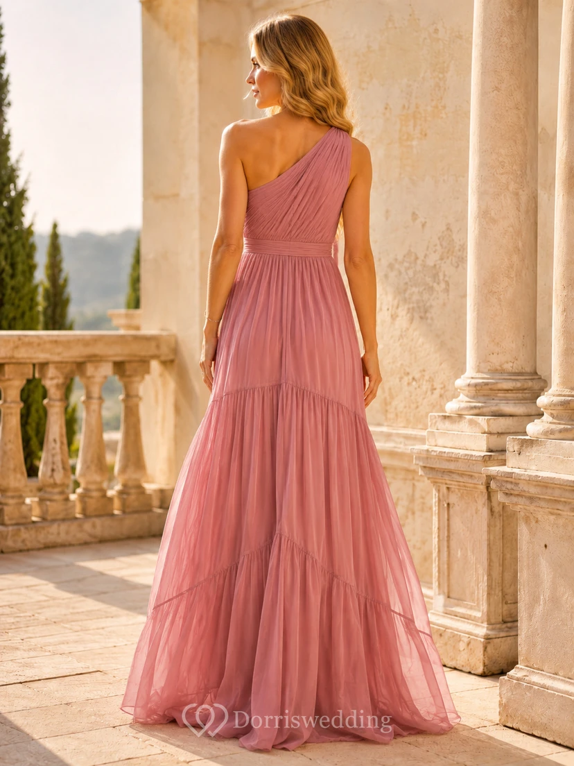 Vestido largo de fiesta de gasa de un solo hombro color rosa empolvado view 2