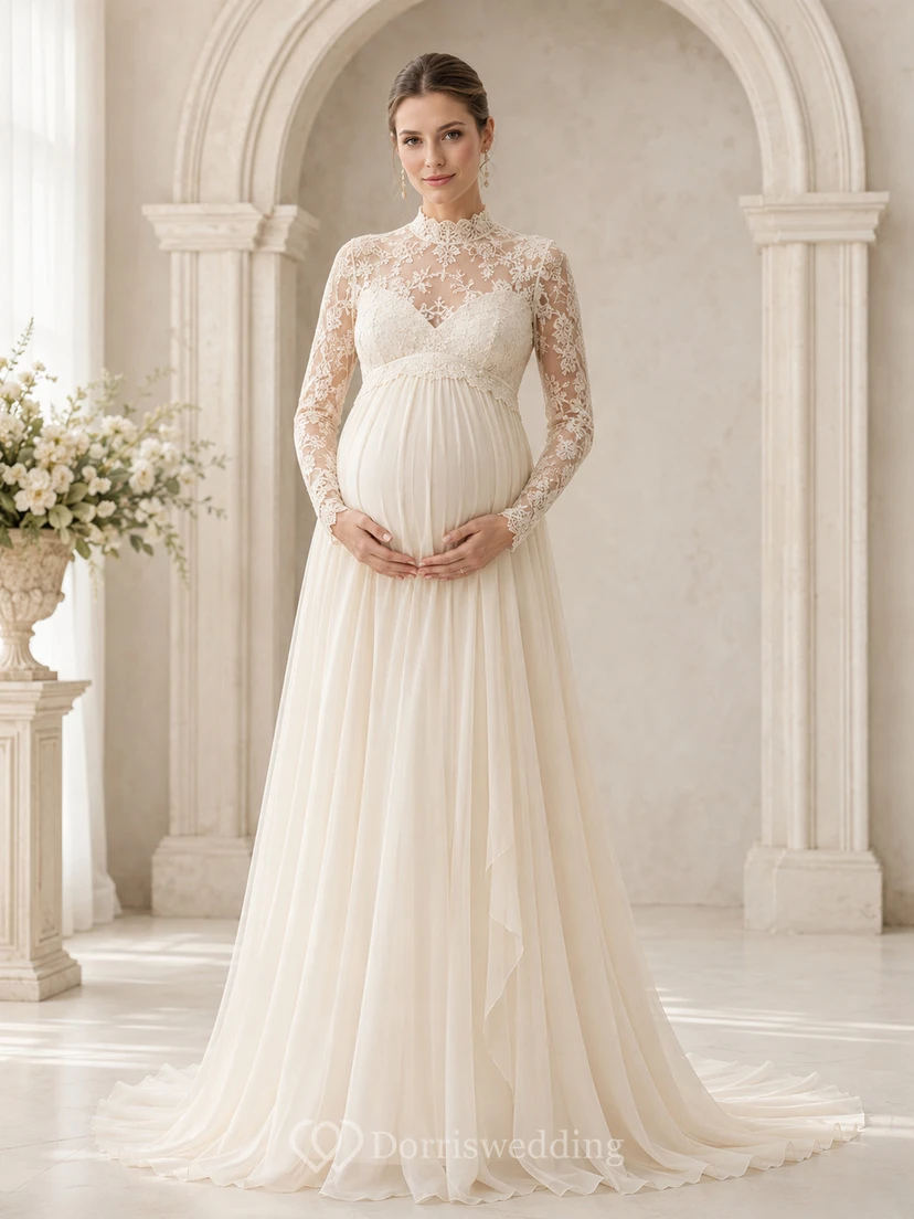 Maternity Wedding Dress High Neck Long Sleeve Lace Bodice Bridal Gown with Tulle Skirt