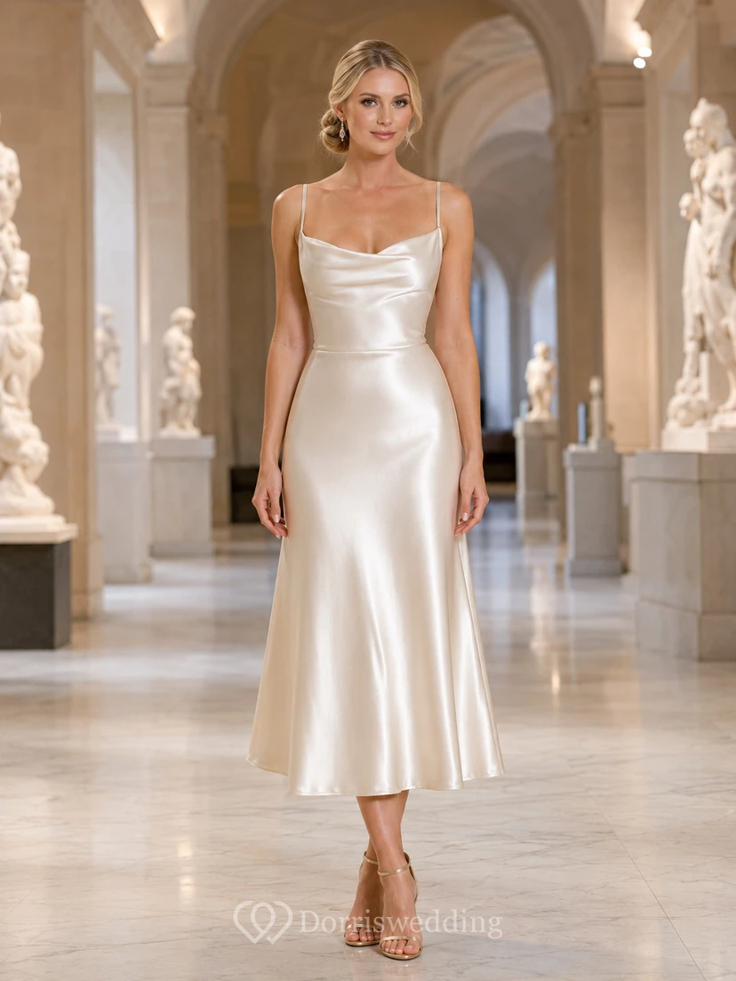 Robe midi en satin ivoire à fines bretelles et col bénitier pour réception de donateur