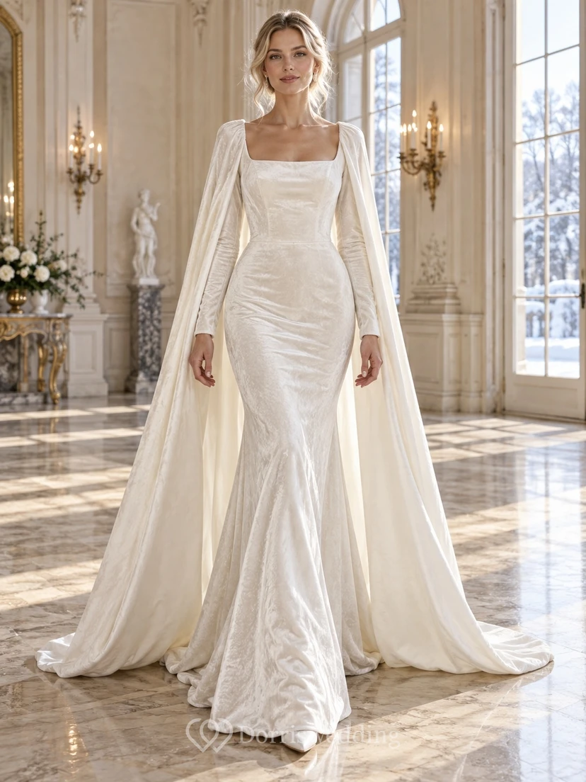 Vestido de novia de invierno con capa de terciopelo liso, manga larga y cuello cuadrado, estilo sirena.