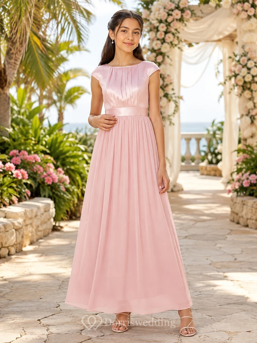 Zartrosa Brautjungfernkleid, A-Linie, Rundhalsausschnitt, kurze Flügelärmel, Falten, romantisch