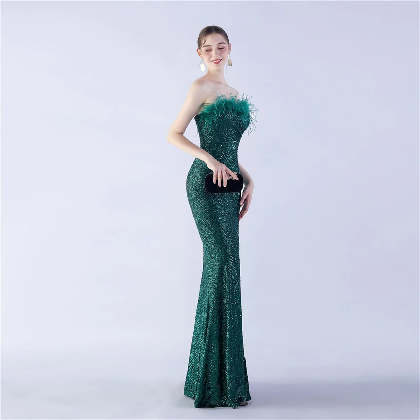 Ostrich Feather Plus Folding And Wrinkling Technology Host Dinner High-End Evening Dress view 31
