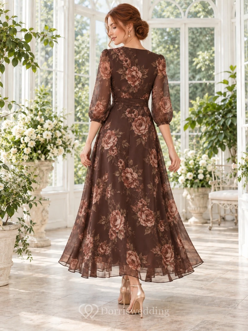 Vestido de invitada de gasa largo hasta el suelo con escote en V cruzado y mangas tres cuartos, estampado de rosas de chocolate view 2