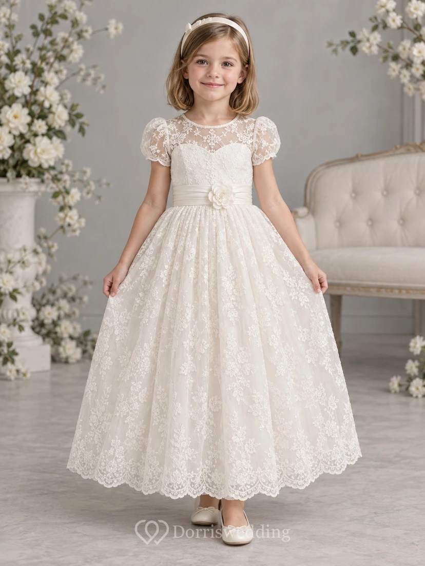 Vestido de niña de flores modesto, color marfil, con estampado floral, corte en A, mangas abullonadas, largo hasta los tobillos y borde festoneado.