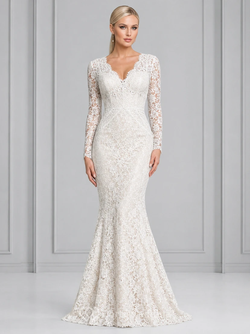 Robe de mariée sirène élégante en dentelle à manches longues et décolleté en V illusion, pour réception