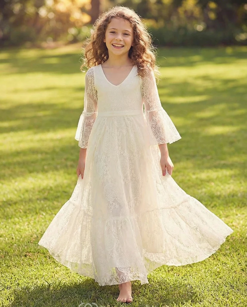 Bell Sleeve Bohemian Lace Flower Girl Dress