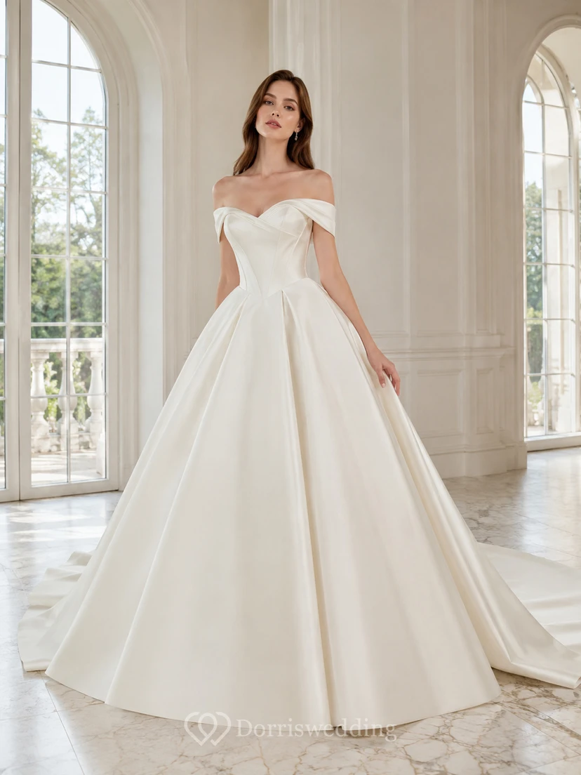Robe de bal élégante en satin drapé à épaules dénudées et traîne chapelle