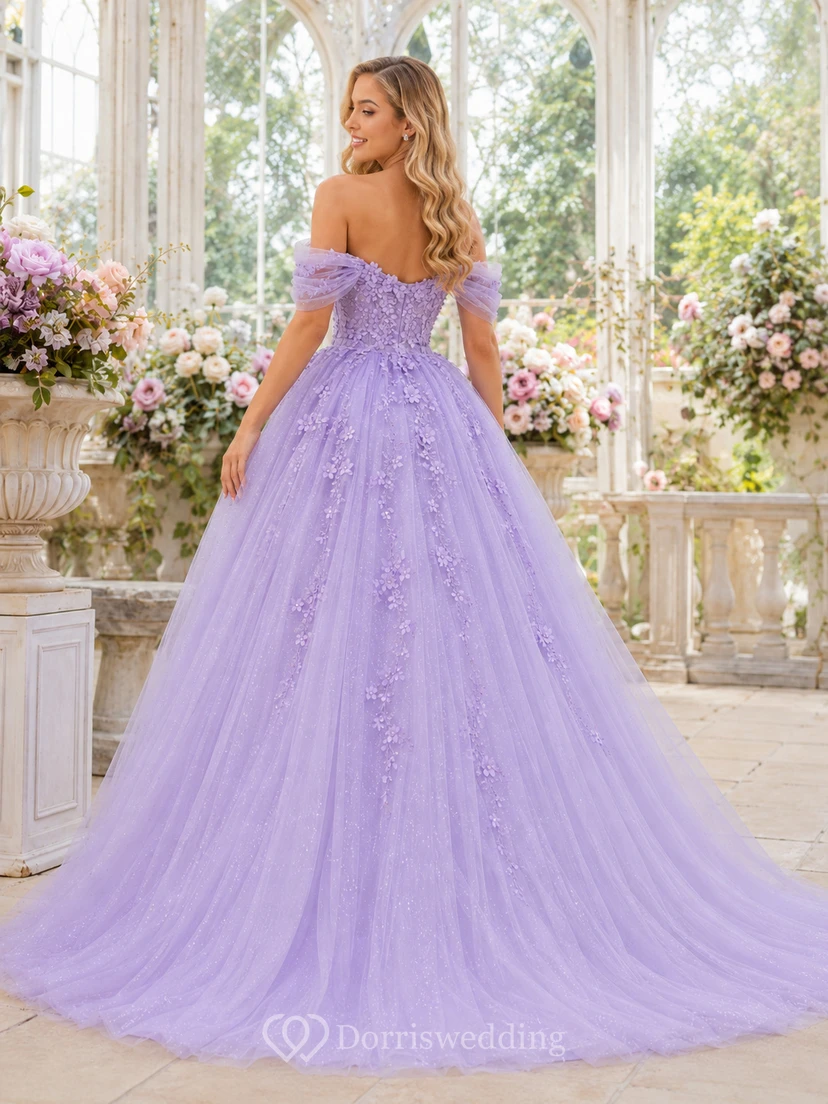 Lavendelfarbenes schulterfreies Ballkleid aus Tüll mit herzförmigem Ausschnitt und Applikationen, High-Low-Stil, Quinceañera-Kleid view 2