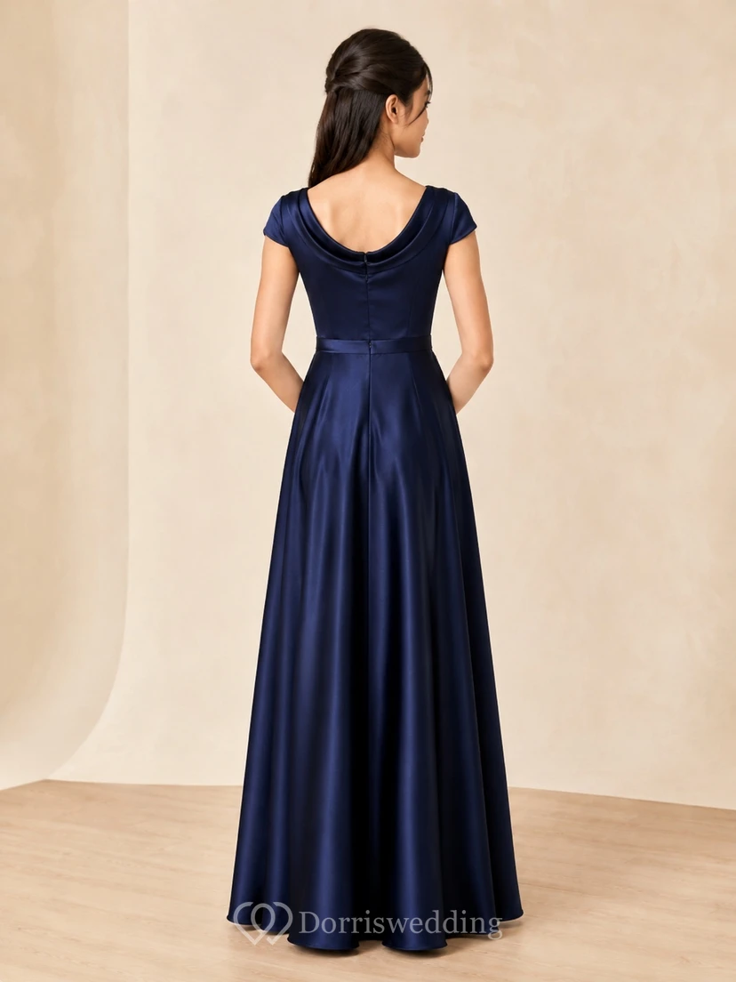 Dark Navy Junior Bridesmaid Dress A-Line Cowl Short Sleeve Satin Modern view 2