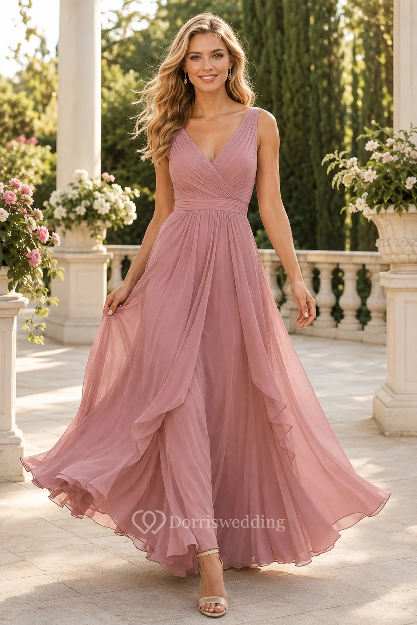 Robe de demoiselle d'honneur rose poudré en mousseline rose poudré, col V asymétrique, coupe trapèze, bustier plissé, idéale pour un mariage champêtre.