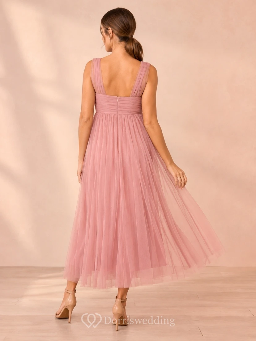 Blushing Pink Square Neck Sleeveless Empire Maternity Chiffon Tea-Length Dress view 2