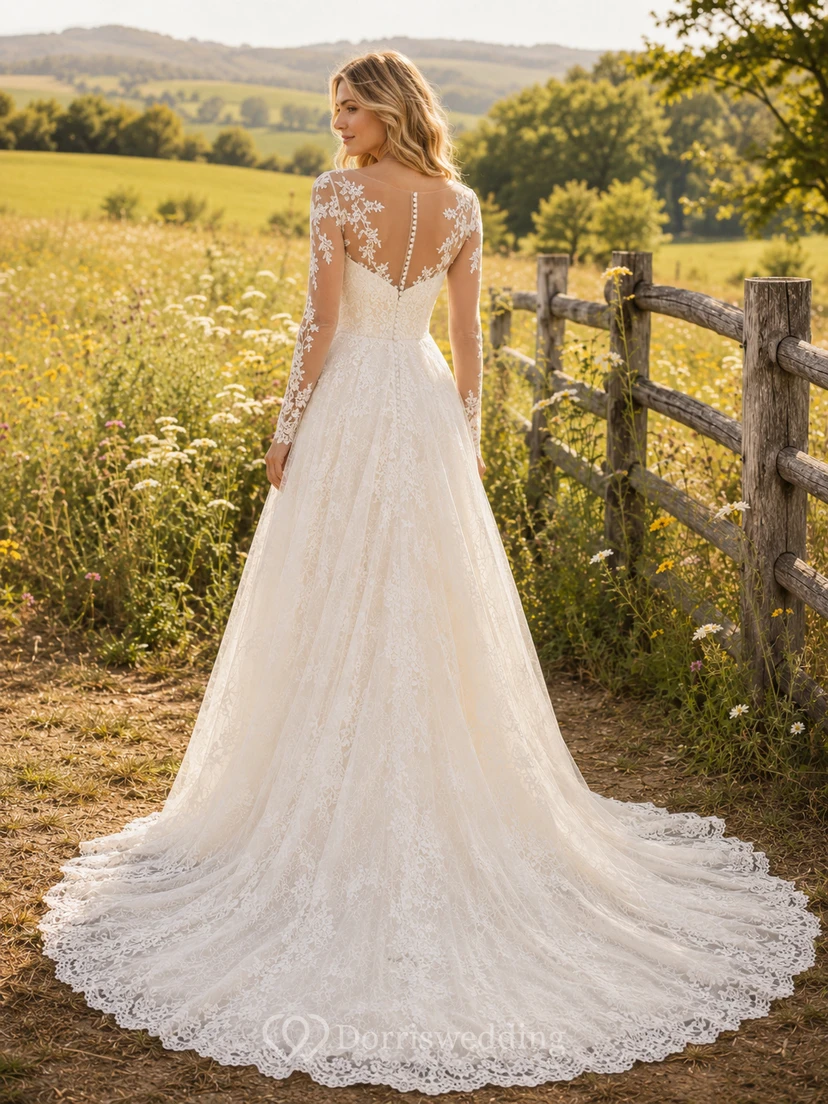 Robe de mariée champêtre en tulle et dentelle, coupe trapèze, col en V, sans manches, traîne, dos nu plongeant. view 2