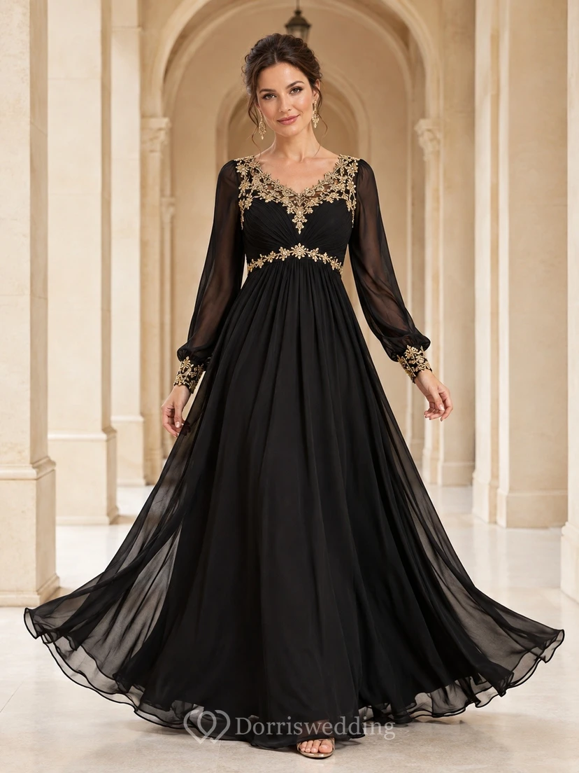 Black Gold Beaded Lace Long Sleeve Tulle A-Line Evening Gown Dress