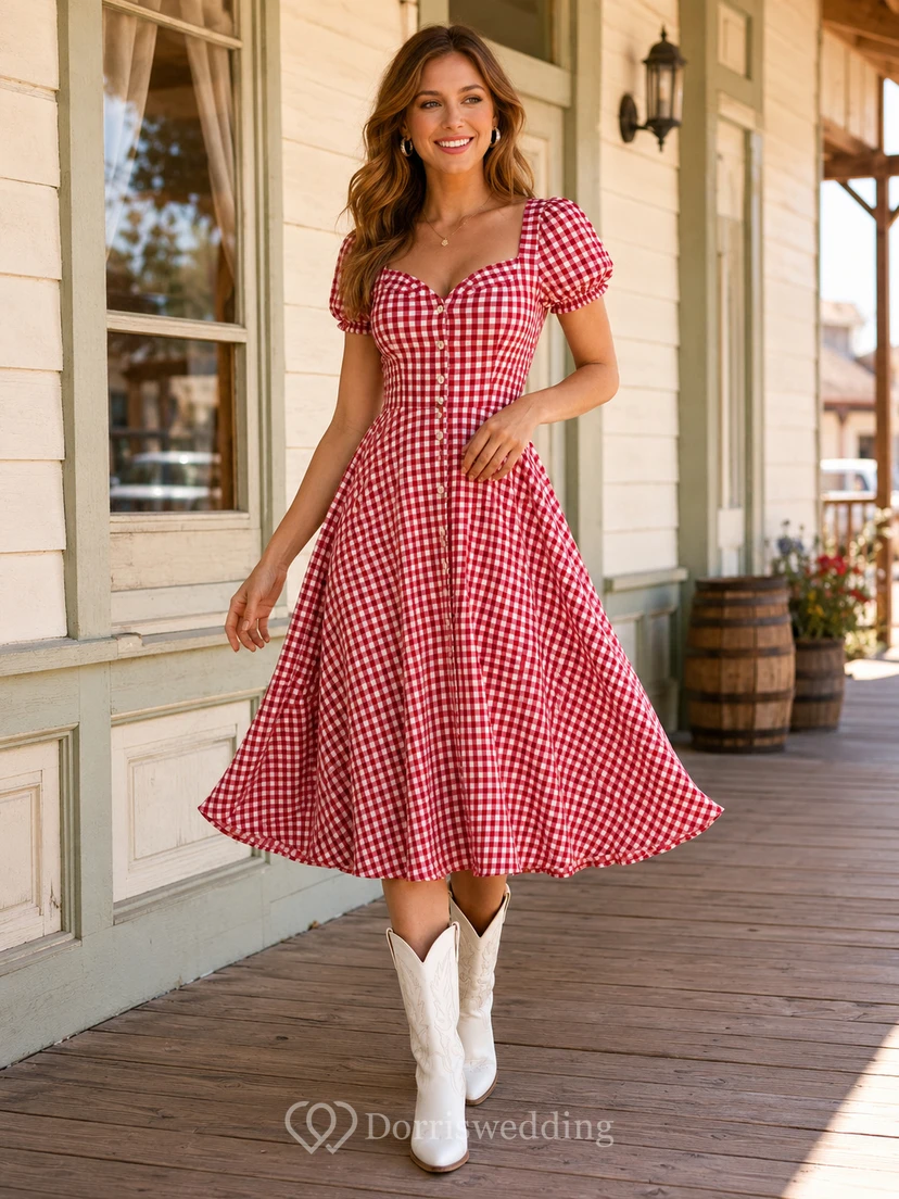 Rotes Gingham-Kleid mit herzförmigem Puffärmeln im Vintage-Stil für Teegäste