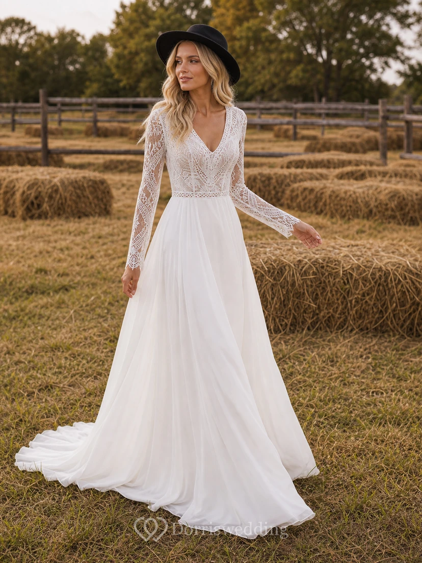Courtry V-neck Long Sleeve Chiffon Simple Boho Wedding Dress with Lace Top view 2