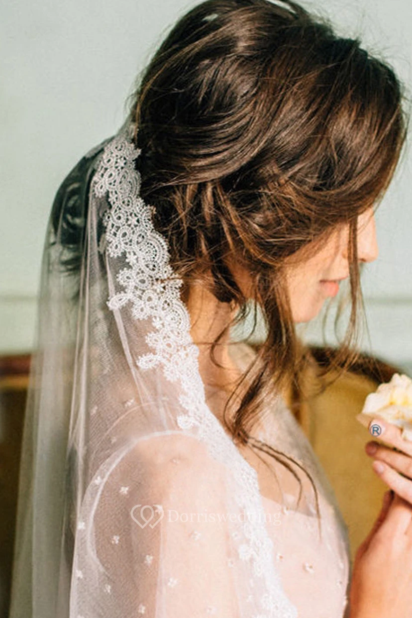 Romantic Tulle Wedding Veil with Lace Edge view 2