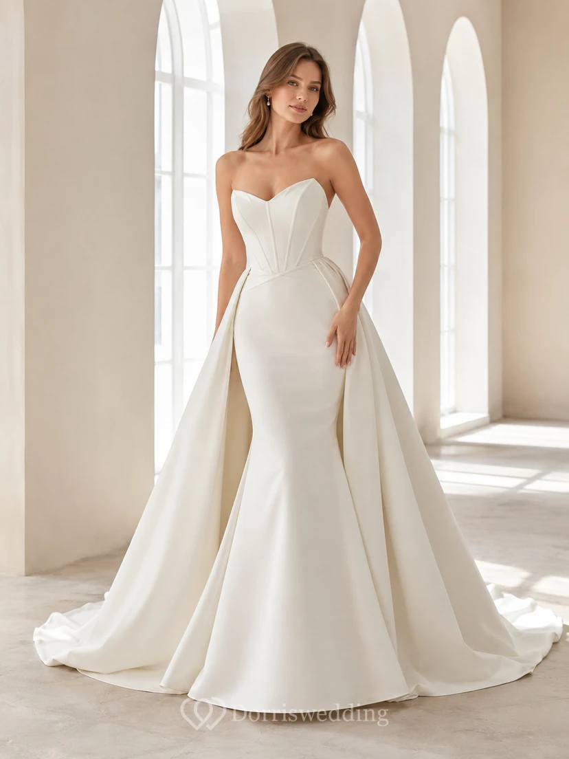 Vestido de novia minimalista de satén estilo sirena, sin tirantes, con cola larga.