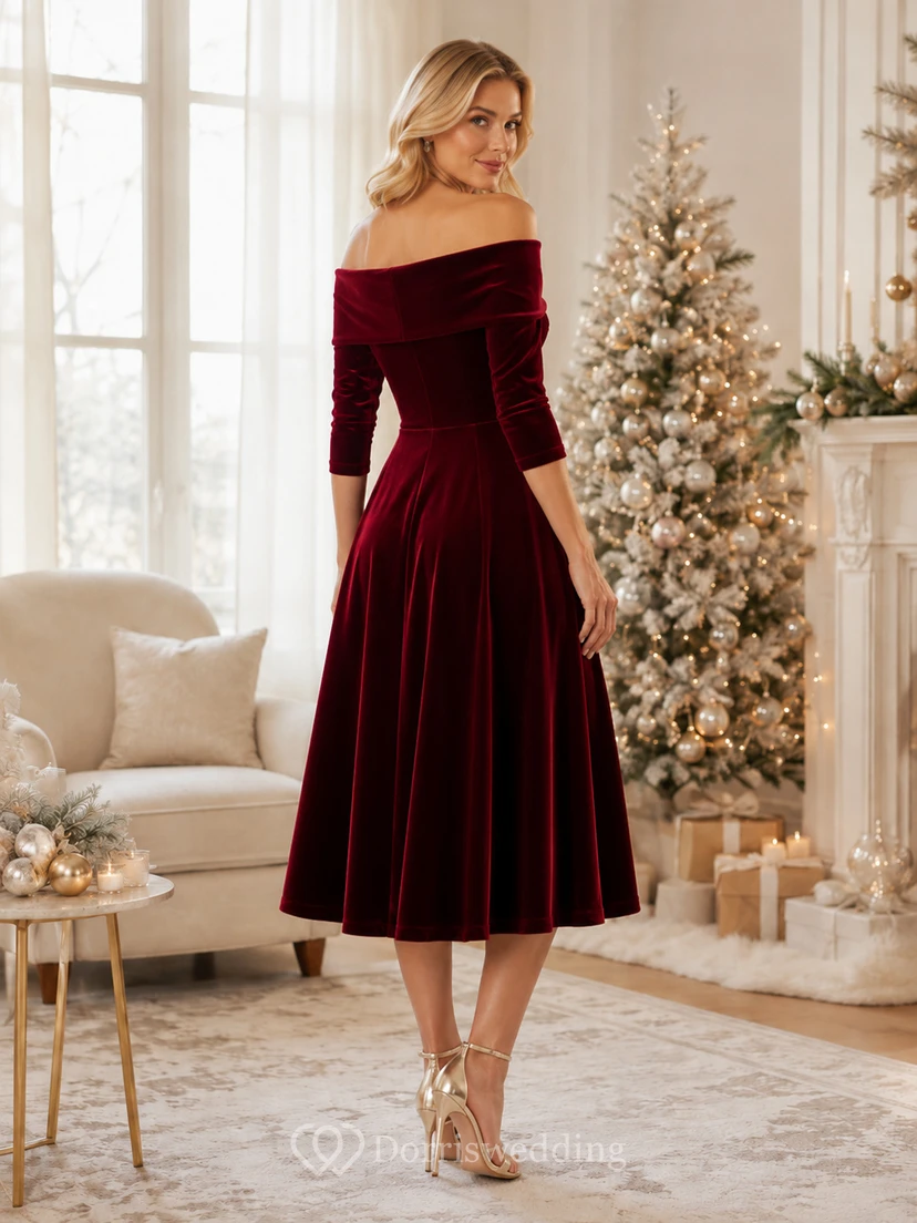 Burgundy Off Shoulder Velvet Three Quarter Sleeve Dress view 2