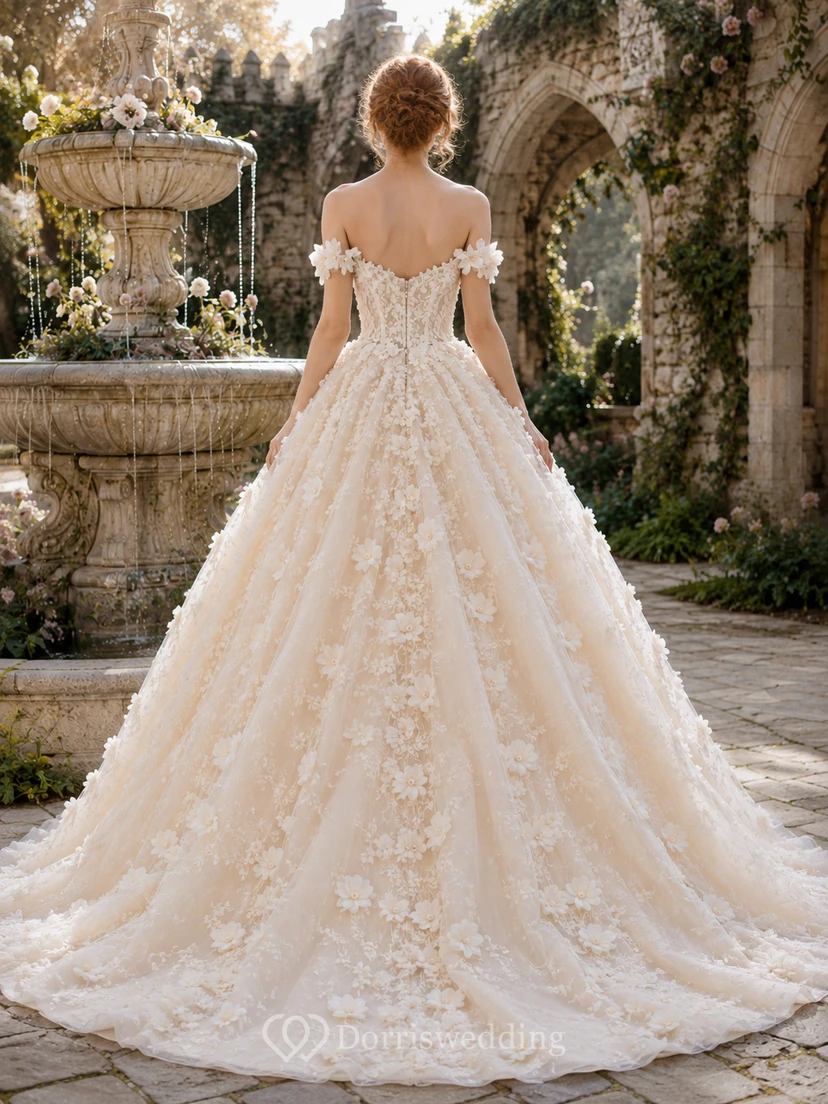 Schulterfreies 3D-Blumen-Ballkleid im Schloss- und Gartenstil view 2