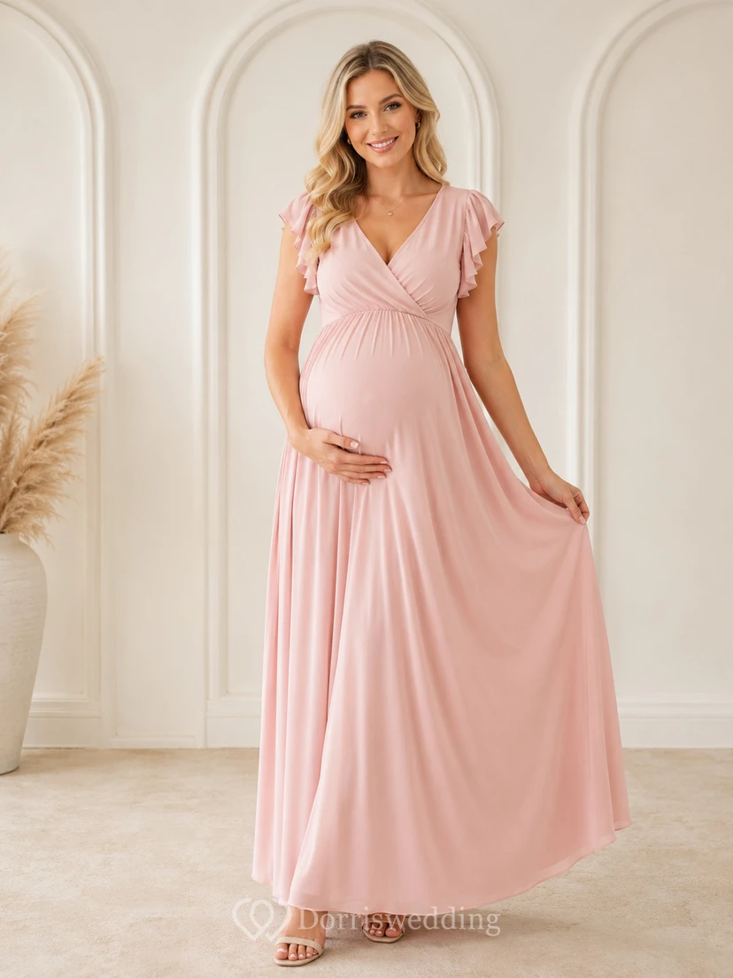 Vestido formal largo hasta el suelo con escote en V y mangas con volantes, de corte imperio, color rosa rubor, ideal para embarazadas.