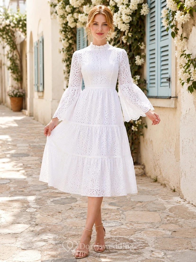 Bohemian White High Neck Long Sleeve Tea-length Chiffon Tiered Dress