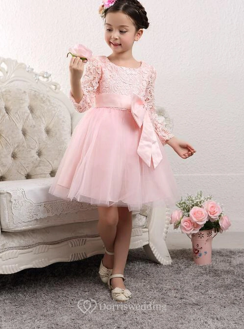 Lovely Tulle Lace Flower Girl Dress Bowknot Long Sleeve Zipper view 3